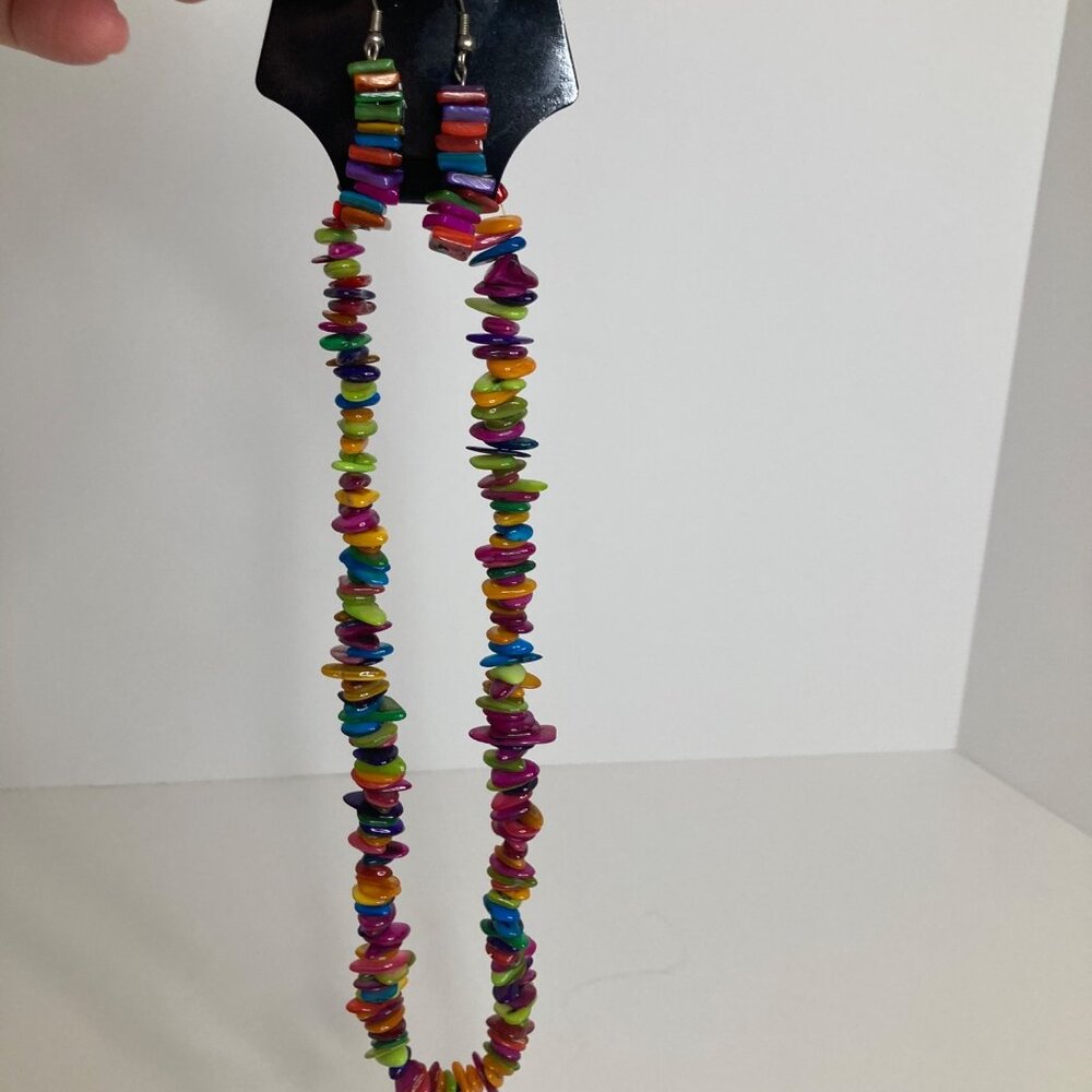 Multicolored Shell Glass Bead 8.5" Necklace & 2" Dangle Earrings